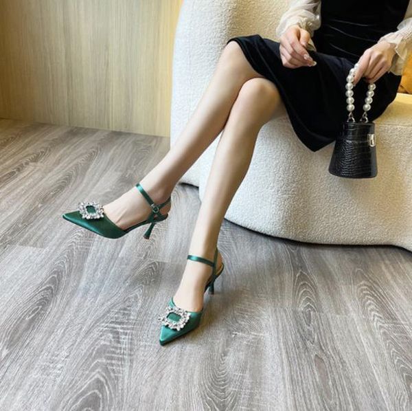 

summer new women's sandals rhinestone square buckle point thin high heel, Black