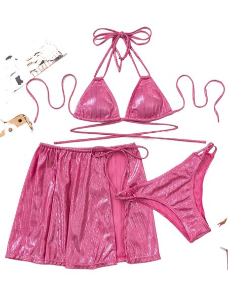 

plain halter triangle bikini swimsuit with beach skirt v5dy#, White;black