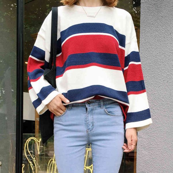 

all match college wind loose causal striped colorful fashion female sweaters 210426, White;black