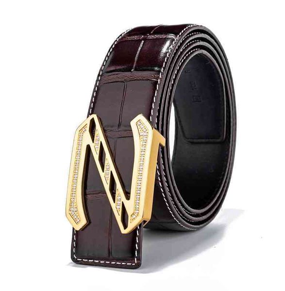 

men's diamond studded steel original crocodile double-sided head leather smooth buckle belt, Black;brown