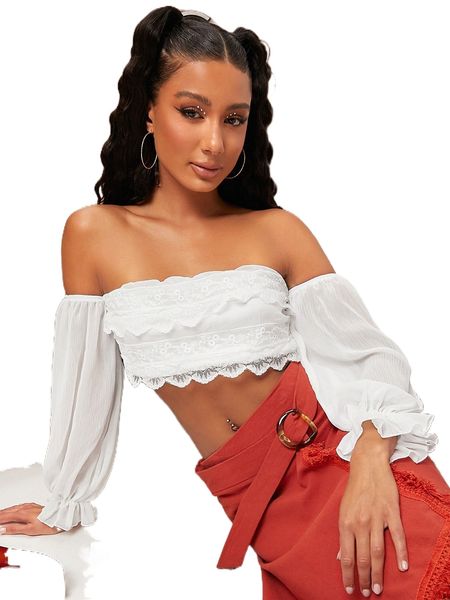 

off shoulder flounce sleeve contrast lace crop blouse 843h#, White