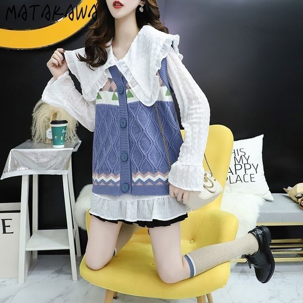 

single breasted knitted sweater vest large turndown collar flared long sleeve women shirt 2 piece outfits for 210506, White