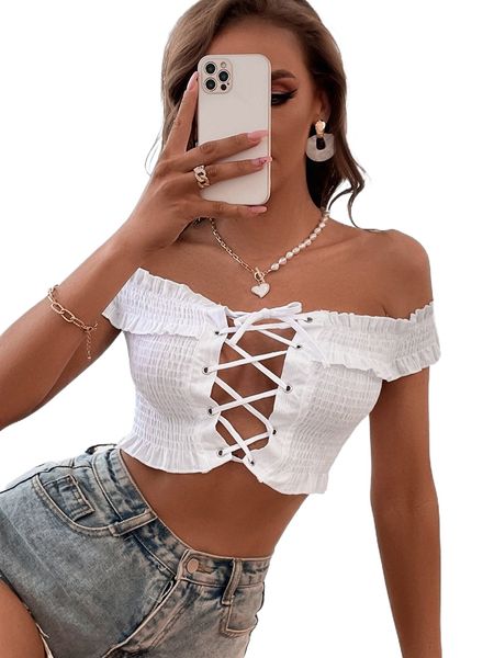 

off shoulder lace up front shirred crop v8z8#, White