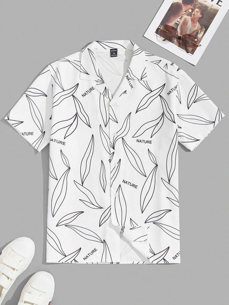 

men botanical and letter print lapel collar shirt i8ni#, White;black