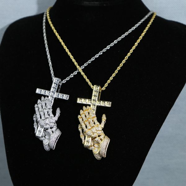 Hip Hop Zirkonia Gepflastert Iced Out Betende Hände Kreuz Halsketten Anhänger Für Männer Frauen Schmuck Mit Seil Kette