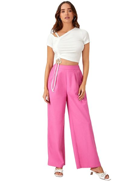 

high waist fold pleated wide leg pants j6ey#, Black;white