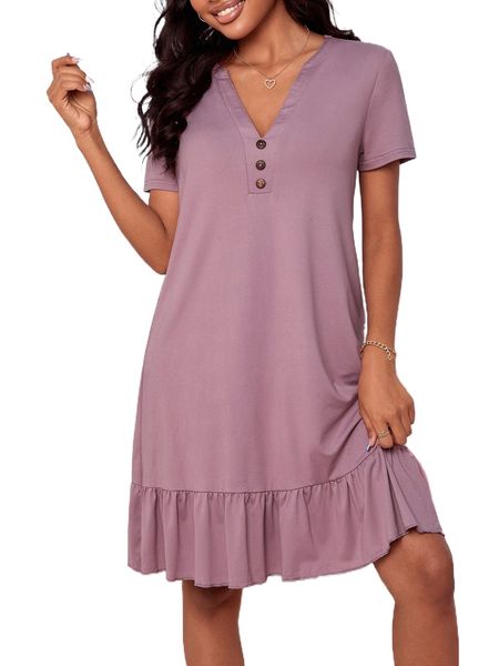 

button detail ruffle hem lounge dress 26mp#, Black;red