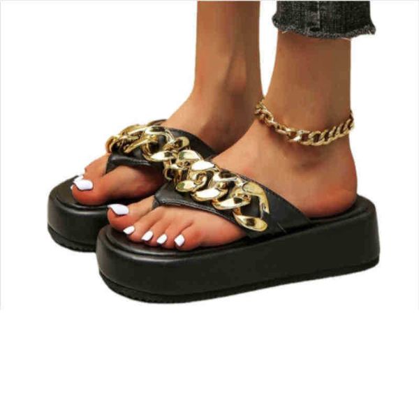 

slippers new plus size women flip-flops flat beach shoes 2022 summer fashion retro metal chain thick sole roman 220629, Black