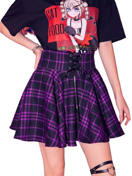 

romwe lace up plaid skirt y9gm#, Black