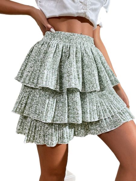 

ditsy floral plisse layered skirt p2kg#, Black