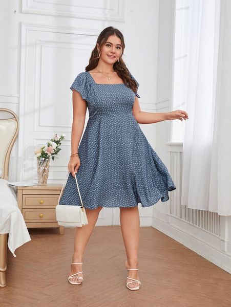 

plus ditsy floral tie back square neck ruffle trim dress j70y#, Black