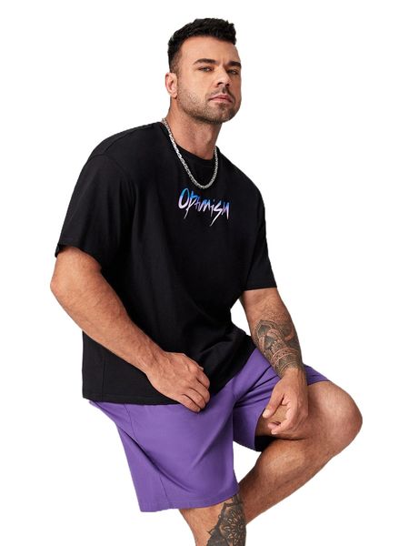 

extended sizes men letter graphic tee & shorts set 25s6#, Gray