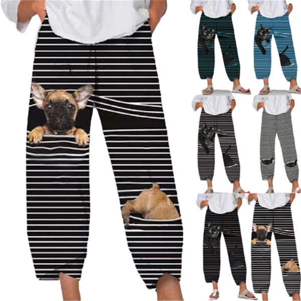 

womens spring summer pants casual cute cartoon print elastic waist trousers oversize loose beach wide leg pants, Black;white