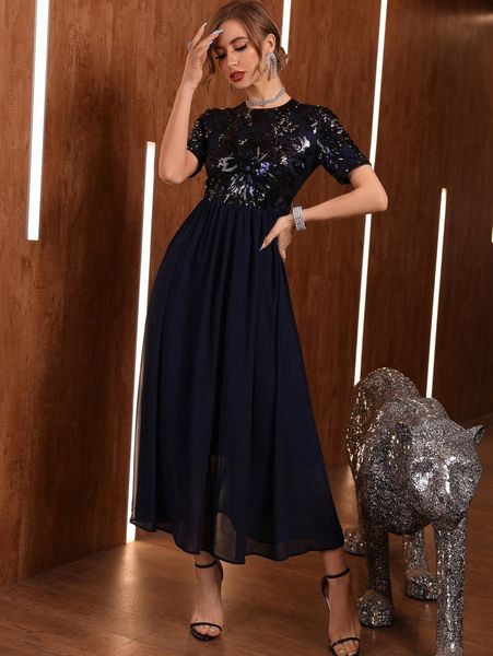 

contrast sequin keyhole back chiffon formal dress y98l#, Black;gray