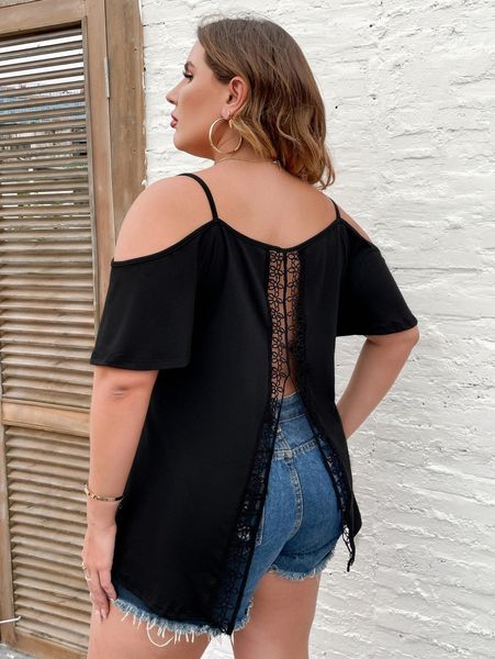 

plus guipure lace panel split back cold shoulder tee y4c3#, Black