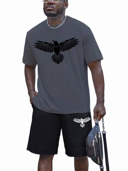 

extended sizes men eagle print tee with drawstring waist shorts 64ry#, Gray