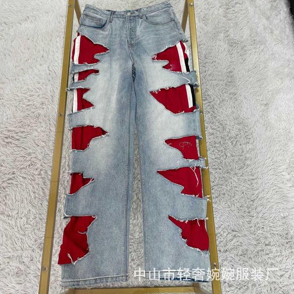 

family of b correct version red ordinary youth hole stitching fake two casual jeans beggar straight pants, Blue