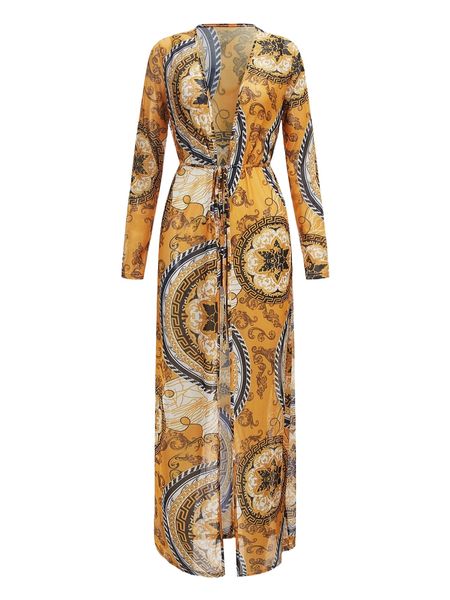 

scroll & mandala print belted mesh kimono v6nc#, White;black