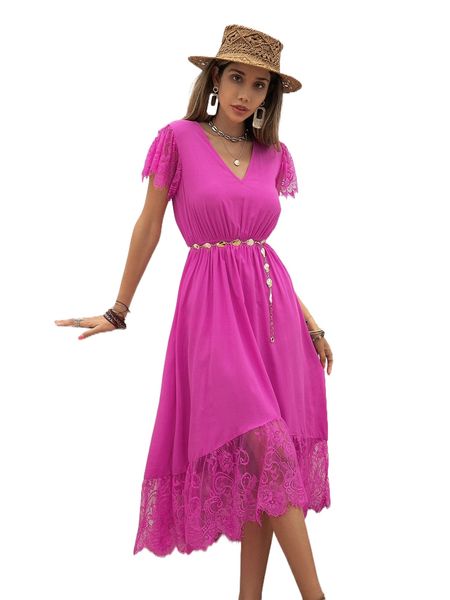 

rusttydustty contrast lace dress without belt e61x#, Black;gray