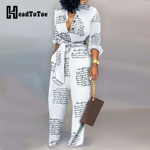 

letter print casual knotted jumpsuit long sleeve autumn romper jumpsuit overalls streetwear y200422, Black;white