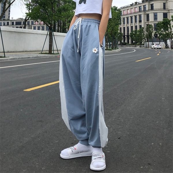 Pantaloni da jogging larghi a contrasto bianco blu pantaloni a vita alta con coulisse casual femminile coreano streetwear 220325