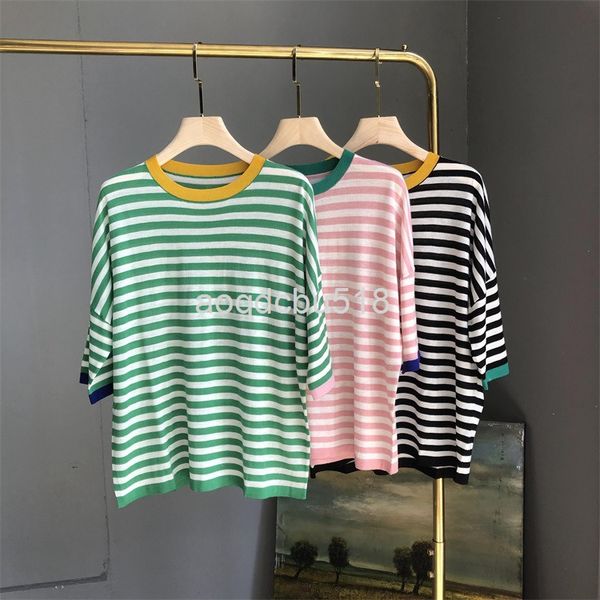 

women's knits & tees nanyou quality fine imitation knitwear thin women's spring and summer temperament stripe leisure short sleeve, White