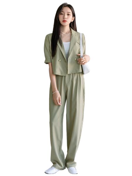 

dazy double button lapel collar blazer & plicated detail tailored pants h0fh#, White