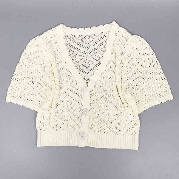 

women's t-shirt summer single breasted hollow out v-neck short thin sweater cardigan women's n12b4901, White