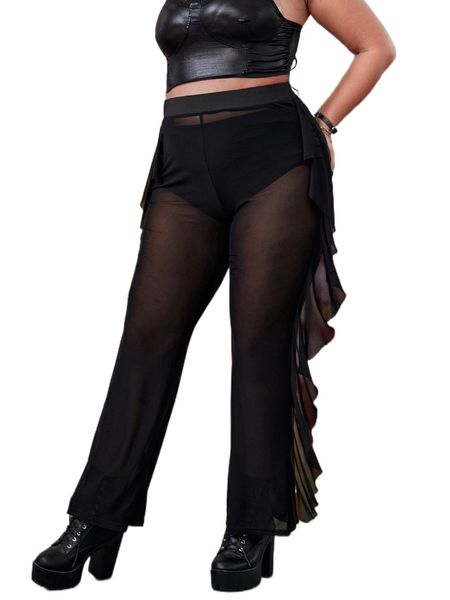 

plus ruffle trim mesh pants without panty t3jy#, Black