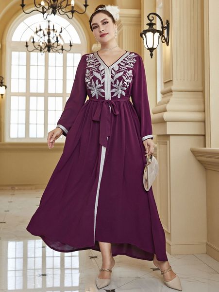 

plus floral embroidered contrast tape belted dress 86me#, Black