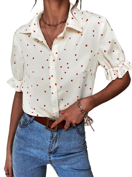 

heart print flounce sleeve blouse n1zu#, White