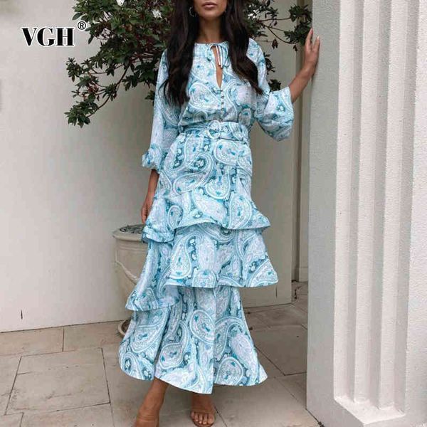 

elegant print set female o neck lantern sleeve high waist maxi skirts hit color two piece for women fashion 210507, White