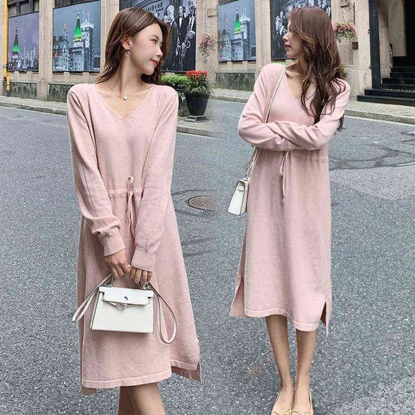 

autumn vneck pregnant women dress long loose pure color cord maternity knitted dress split maternal clothing j220628, White