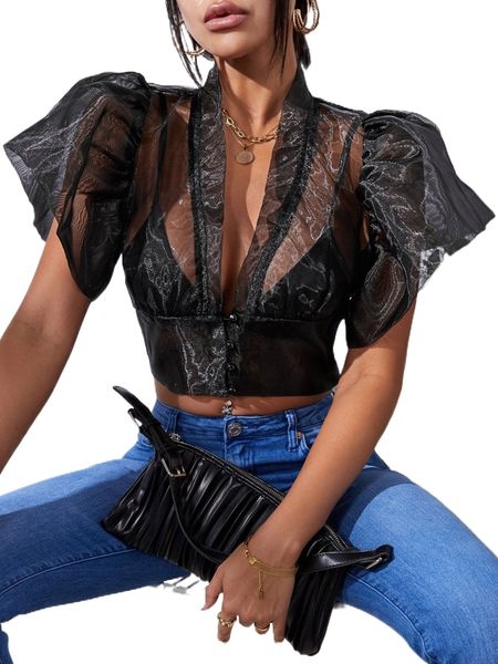 

butterfly sleeve crop organza blouse q4bl#, White