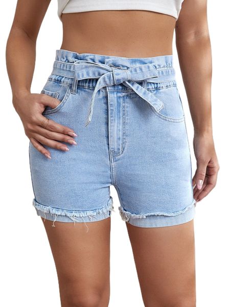

raw rolled hem belted light wash denim shorts c0mr#, White;black