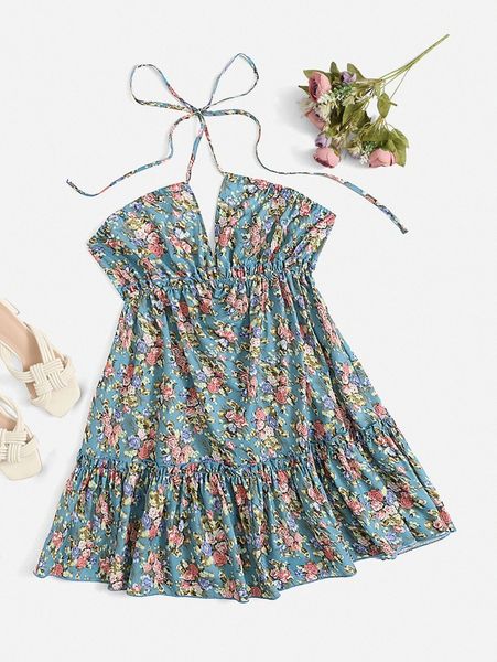 

floral print ruffle hem halter dress 11zg#, Black;gray