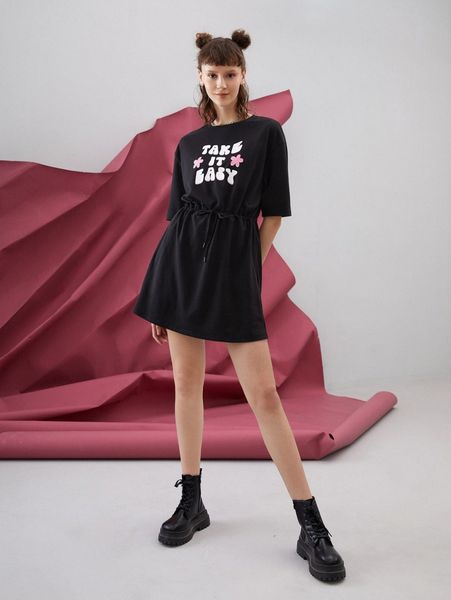 

x joyandelle slogan & floral print drawstring waist dress m0aw#, Black;gray