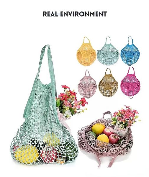 Malha de algodão rede saco de compras reutilizável de armazenamento de frutas dobrável bolsa de bolsa de mulheres Malha de compras Net Sacola F0330