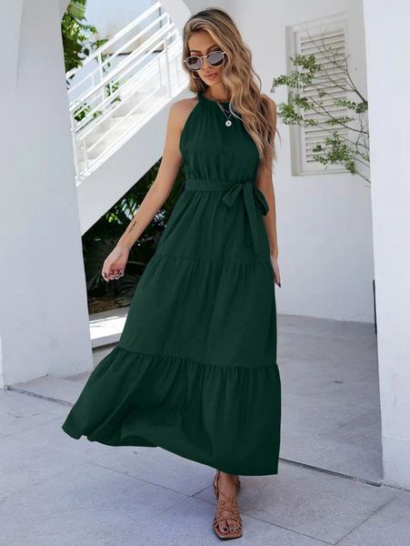 

solid ruffle hem belted halter dress m0vl#, Black;gray