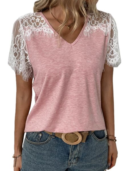 

contrast lace v neck tee f4ir#, White