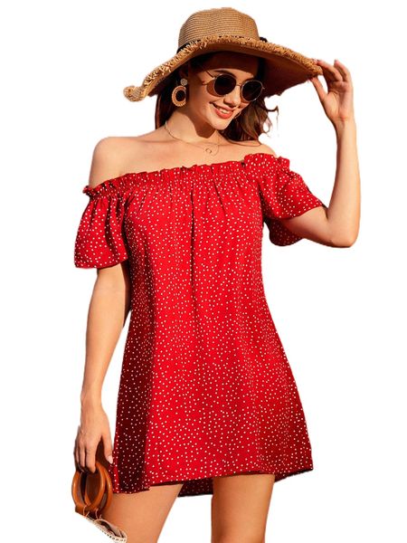 

polka dot off shoulder frill trim dress f1yd#, Black;gray
