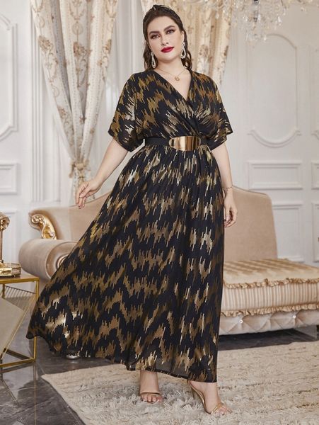 

plus random gold print dolman sleeve overlap collar belted dress h8fx#, Black