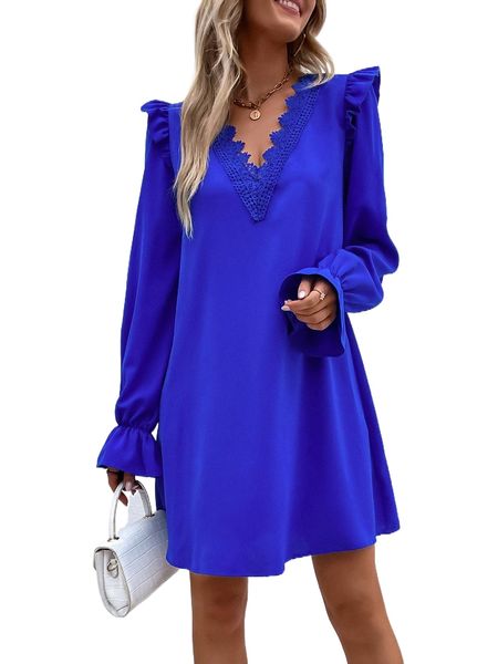 

contrast lace ruffle trim flounce sleeve tunic dress 47dd#, Black;gray