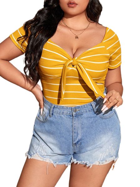 

plus striped knot front sweetheart neckline tee 65gc#, Black