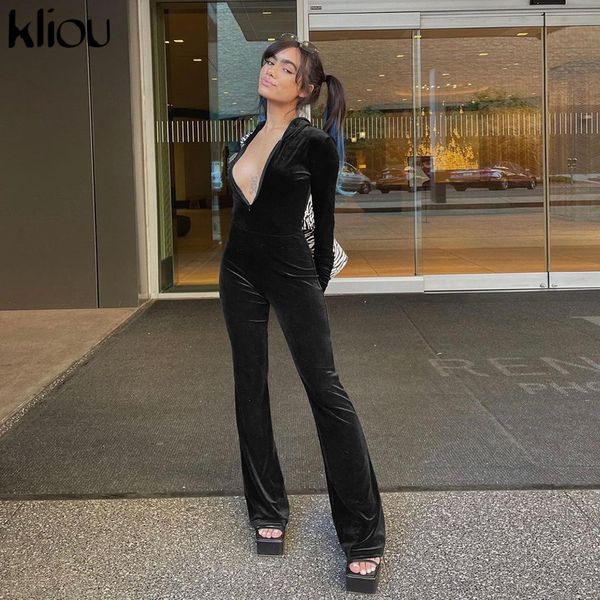 

solid flannel jumpsuits women hight street sheath cleavage body-shaping overall long sleeve v-neck casual streetwear, Black;white