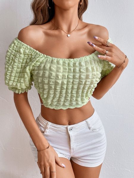 

puff sleeve tie back textured 93ex#, White