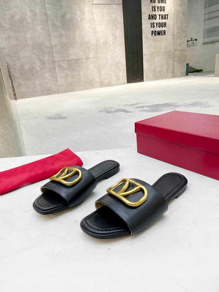 2022 women sandals slippers signature slide grainy cowhide casual sandal summer designer luxury fashion ladies beach flat flip flops, Black