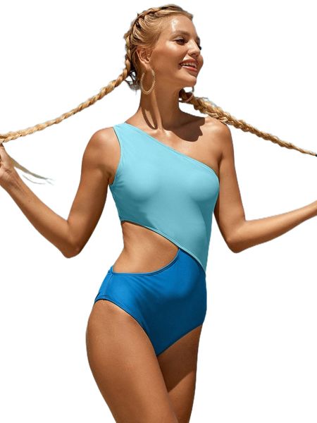 

color block cut-out one shoulder one piece swimsuit l37s#, White;black