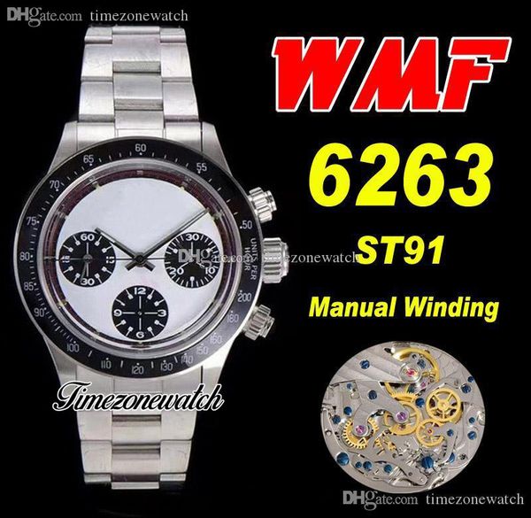 

wmf paul newman 6263 st91 manual winding chronograph mens watch circa 1967 rare vintage white blak dial oystersteel bracelet timezonewatch s, Slivery;brown