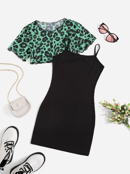 

girls leopard print crop & cami dress she, White